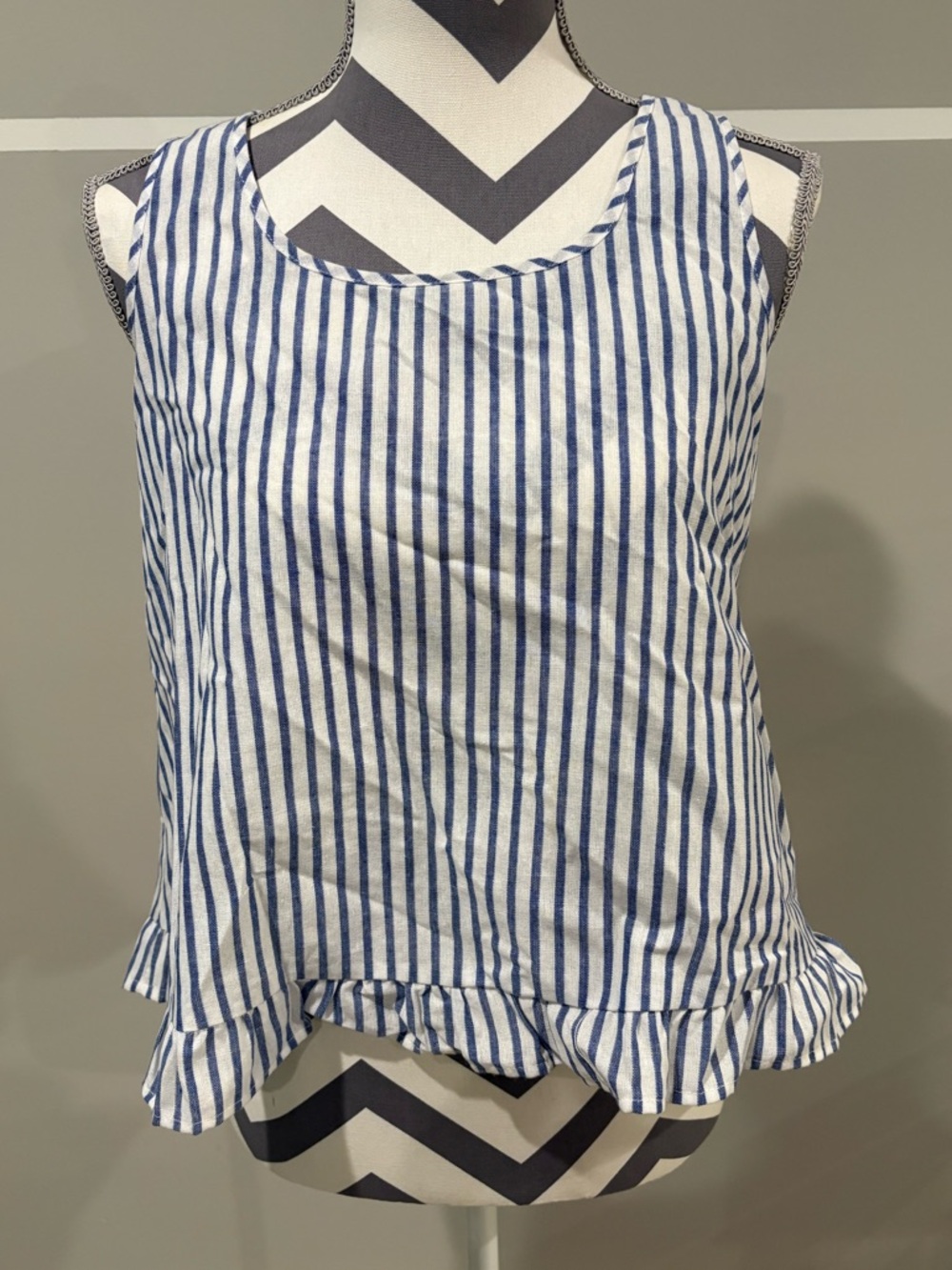 SHEIN Blue and White Vertical Stripe Ruffle Hem Tank